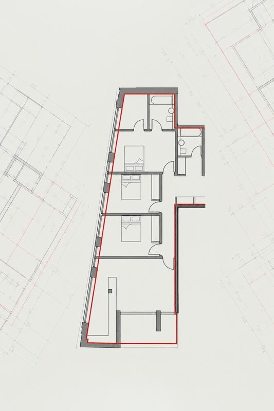 Apartment floor plan with three bedrooms and the boundary outlined in red