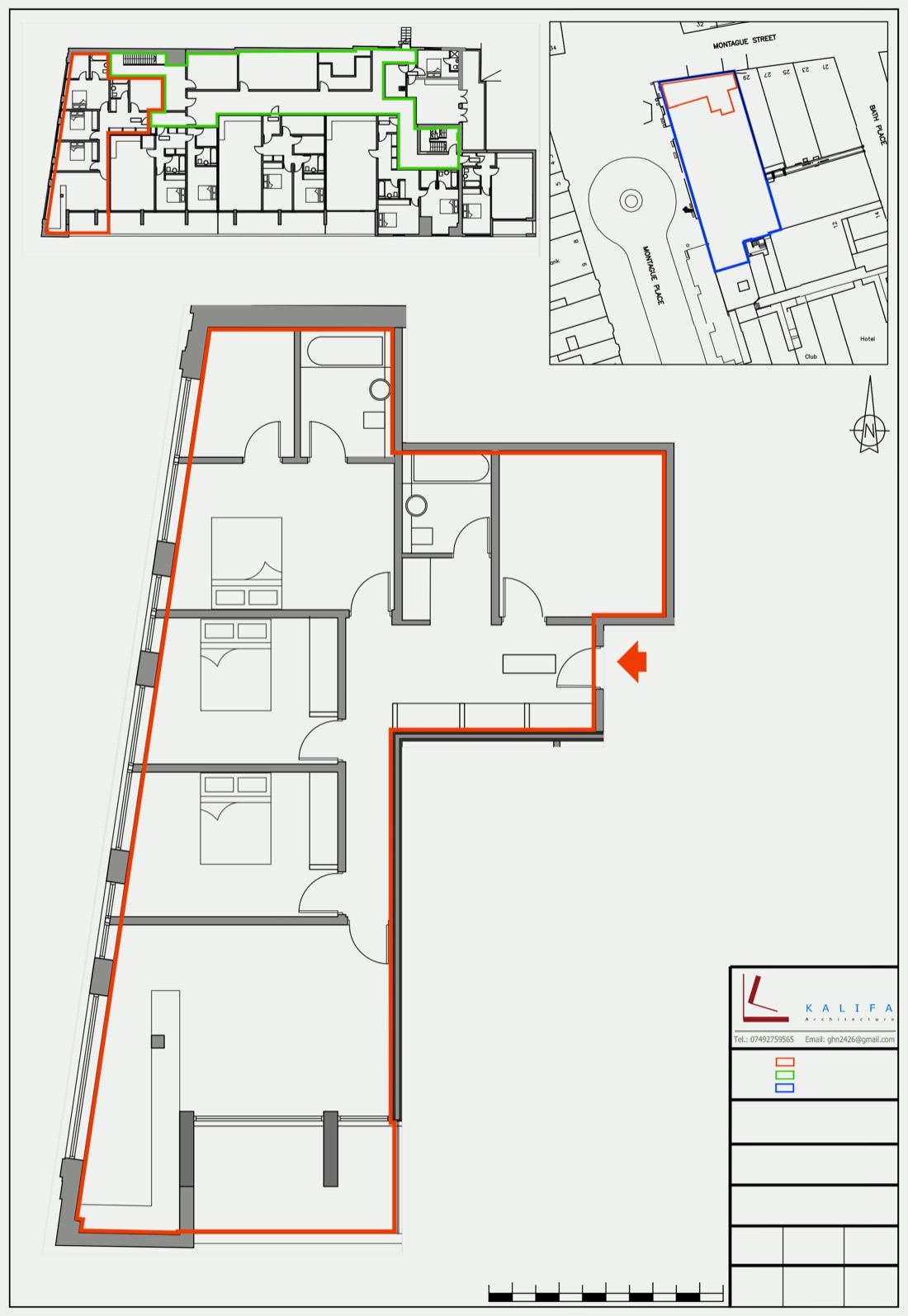 Kalifa Architecture lease plan of a flat with the demise outlined in red, block key plan, site location plan and title block